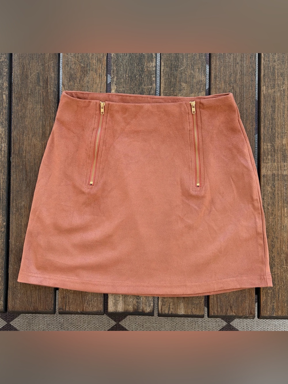 SHEIN Rust Suede-Look Stretch Mini Skirt with Gold Zippers Size 6 M